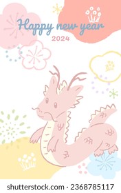 2024 Year of the Dragon, hand-drawn illustration of a smiling cute dragon New Year's card