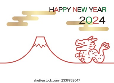 2024, Year Of The Dragon, New Year’s Greeting Card Template With A Dragon Mascot And Mt. Fuji. Vector Illustration.