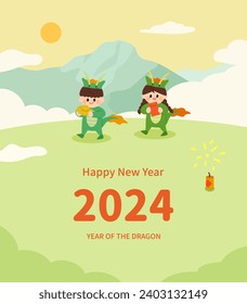 La tarjeta de felicitación del Año Nuevo Dragón 2024. Dos niños lindos con trajes de dragón están pagando saludos de Año Nuevo