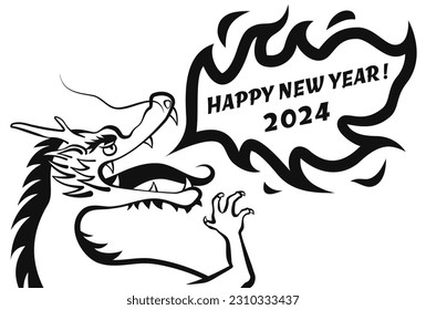 2024 Year of the Dragon New Year's card with a dynamic black and white line drawing illustration of a dragon blowing fire. Vector illustration.