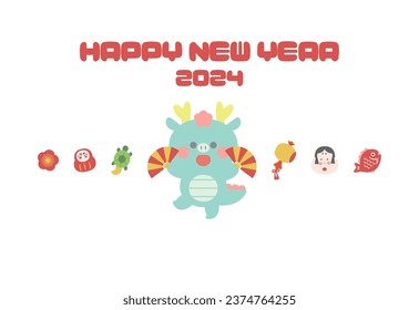 2024 Year of the Dragon New Year's card with Dragon character and New Year's accessories