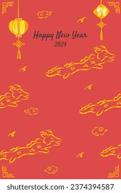 2024 Year of the Dragon, red and gold Chinese style dragon hand-drawn illustration New Year's card