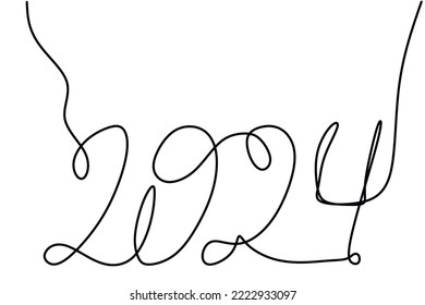 2024 year. Drawing one line  isolated on a white background.
Simple linear style for winter design greeting card and web banner. Doodle Vector illustration