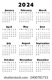 2024 year ENGLISH calendar in black color. Printable vector illustration, vertical. Plan your year