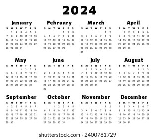 2024 year ENGLISH calendar in black color. Printable vector illustration. Plan your year