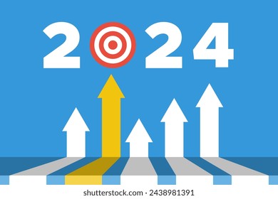 2024 year goal. Business or personal target. Flat vector success concept.