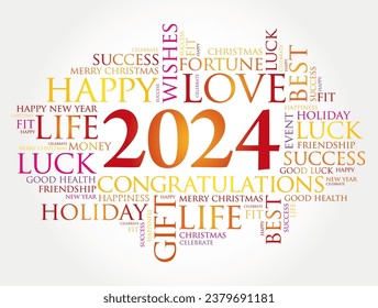 2024 year greeting word cloud collage, Happy New Year celebration greeting card