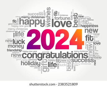 2024 year greeting word cloud collage, Happy New Year celebration greeting card