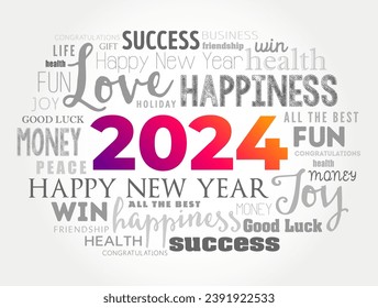 2024 year greeting word cloud collage, Happy New Year celebration greeting card