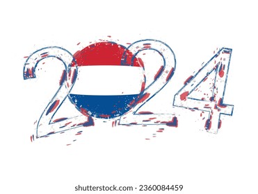 2024 Year in grunge style with flag of Netherlands. Holiday grunge vector illustration.