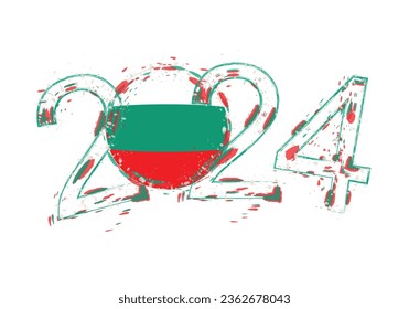 2024 Jahr im Grunge-Stil mit Flagge von Bulgarien. Feiertagsgrunge, Vektorgrafik.