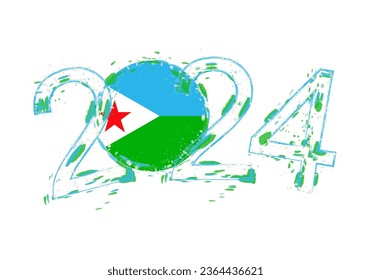 2024 Year in grunge style with flag of Djibouti. Holiday grunge vector illustration.
