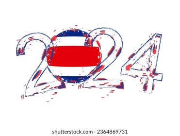 2024 Jahr im Grunge-Stil mit der Flagge von Costa Rica. Feiertagsgrunge, Vektorgrafik.