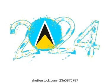 2024 Year in grunge style with flag of Saint Lucia. Holiday grunge vector illustration.