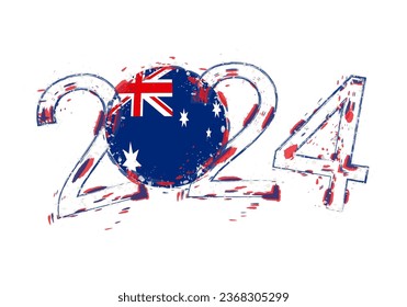 2024 Year in grunge style with flag of Australia. Holiday grunge vector illustration.