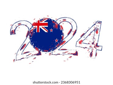 2024 Year in grunge style with flag of New Zealand. Holiday grunge vector illustration.