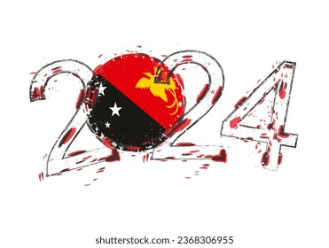 2024 Year in grunge style with flag of Papua New Guinea. Holiday grunge vector illustration.