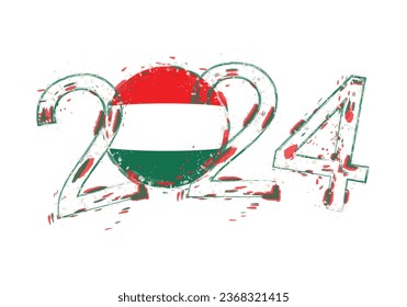 2024 Year in grunge style with flag of Hungary. Holiday grunge vector illustration.