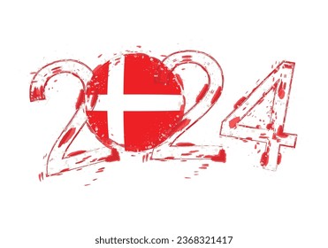 2024 Year in grunge style with flag of Denmark. Holiday grunge vector illustration.