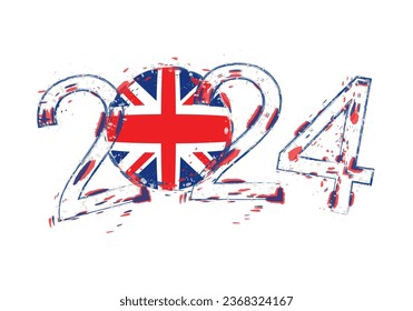 2024 Year in grunge style with flag of United Kingdom. Holiday grunge vector illustration.