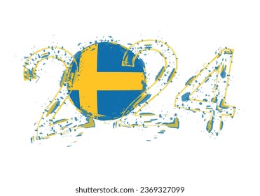 2024 Year in grunge style with flag of Sweden. Holiday grunge vector illustration.