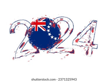 2024 Year in grunge style with flag of Cook Islands. Holiday grunge vector illustration.