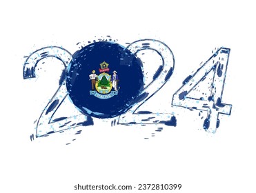 2024 Year in grunge style with flag of Maine. Holiday grunge vector illustration.