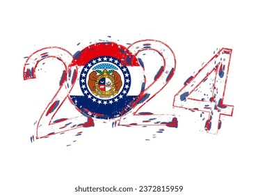 2024 Year in grunge style with flag of Missouri. Holiday grunge vector illustration.