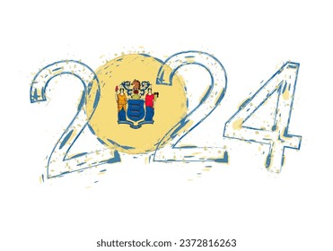 Año 2024 en estilo grunge con bandera de Nueva Jersey. Ilustración vectorial de grunge de vacaciones.