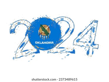 2024 Year in grunge style with flag of Oklahoma. Holiday grunge vector illustration.