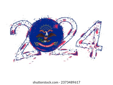 2024 Year in grunge style with flag of North Dakota. Holiday grunge vector illustration.