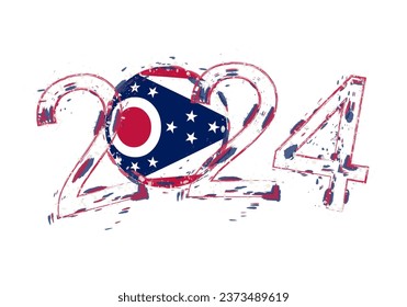 2024 Año en grunge con bandera de Ohio. Ilustración vectorial de grunge de vacaciones.