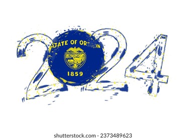 2024 Year in grunge style with flag of Oregon. Holiday grunge vector illustration.