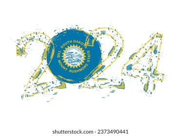 2024 Year in grunge style with flag of South Dakota. Holiday grunge vector illustration.