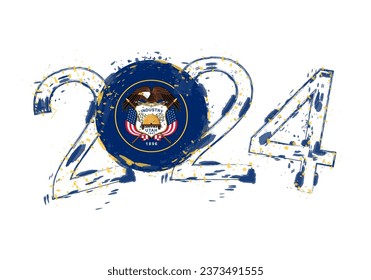 2024 Year in grunge style with flag of Utah. Holiday grunge vector illustration.