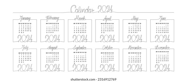 2024 year hand draw month calendar. Vector stock illustration isolated on white background for social media template, print industry or design photo album. Editable stroke. EPS10