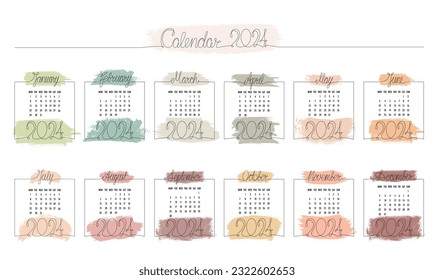 2024 Jahr handzeichnen Monat Kalender mit Pinselstrichen pastellfarben. Vektorgrafik einzeln auf weißem Hintergrund für die Beauty- und Spa-Druckindustrie, Fotoalbum. Bearbeitbarer Strich. EPS10