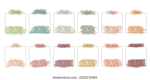 2024 year hand draw month calendar template with brush strokes pastel colours. Vector stock illustration isolated on white background for beauty and spa print industry, photo. Editable stroke. EPS10