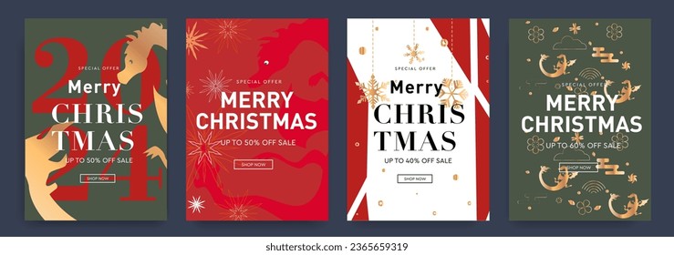 2024 Year. Happy New Year 2024 for Party, Festival, Email, Social Media. Abstract Set Art Design with Zodiac Dragon, Snowflake for Advertising, Web, Poster, Banner, Cover. Trendy Vector illustration. 