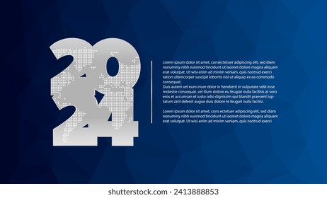 2024 year icon with dotted world map contour. Abstract triangle pattern. Blue gradient vector background with sample text. Element for business, web design, infographic, event, page, presentation