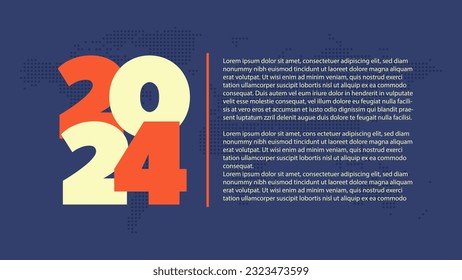Icono de 2024 años. Símbolo vector con texto de ejemplo. Fondo del mapa del mundo con puntos. Elemento para negocios, diseño web, infografía, evento, página, presentación, plan. Ilustración azul, naranja