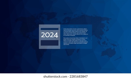 2024 year infographic with world map, sample text. Blue gradient triangle pattern. Polygonal vector background for web design, business, finance, landing page, template, global presentation