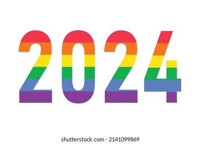 2024 year logo in rainbow LGBTQ flag colors isolated on white. Vector symbol of LGBTQ gay pride month, history month.