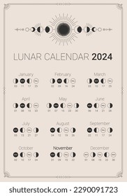 Calendario lunar de 2024, planificación del ciclo anual de las fases lunares. Programador astrológico, banner de ciclos lunares, afiche, tarjeta, plantilla de diseño de fondo ilustración vectorial