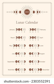 2024 year lunar phases schedule and cycles calendar, monthly moon planner template. Astrological lunar stages calendar banner, card, poster boho style vector illustration