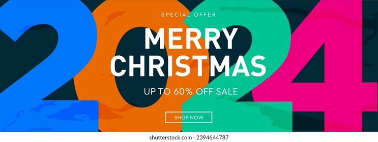 2024 Year. Merry Christmas and Happy New Year for Social Media, Card, Poster, Banner, Cover. Background Number 2024. Special Offer 60% Discount.