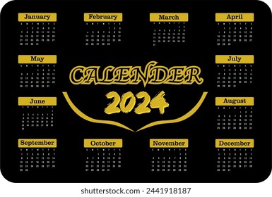 2024 year Monthly calendar template Black And Gold. Wall calendar in a minimalist style. Week Starts on Sunday. Planner for 2024 year.