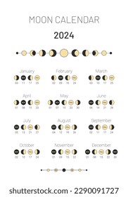 2024 year moon planner, astrological calendar banner design template. Lunar monthly cycle calendar poster, card, moon schedule on white background vector illustration