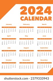 2024 year orange calendar in minimalistic style. Week starts on Sunday. Simple wall calender template a3 format

