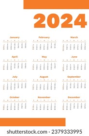 2024 year orange calendar in minimalistic style. Week starts on Sunday. Simple wall calender template a3 format
